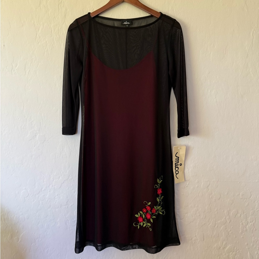 Vintage Mica Dress - Two Layer Sheer Black with Red Lining NWT